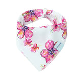 A white bandana-style baby bib with a colorful floral pattern on it, featuring adjustable snaps at the neck.