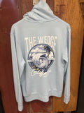 A light blue long-sleeve hoodie, featuring a large graphic print on the front with the words 'THE WEDGE' and a circular wave illustration.