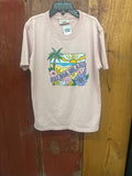 Pink t-shirt with colorful graphic design with Balboa Island, palm tree, sun, flowers and shells