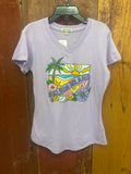 Purple vneck t-shirt with colorful graphic design with Balboa Island, palm tree, sun, flowers and shells