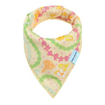 Floral patterned baby bib with colorful designs on a white background