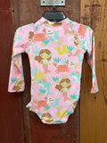 Pink onesie with mermaids, dolphins, and crabs