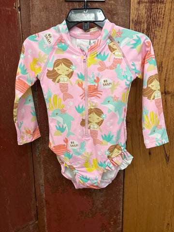 Children's pink swimsuit with mermaids, dolphins, and crabs