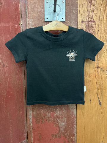 Black t-shirt with a Newport Beach logo and sun