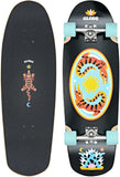 Skateboard with colorful tiger style colors on 2 alligators in a ying yang with a sun in the middle