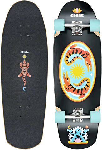 Skateboard with colorful tiger style colors on 2 alligators in a ying yang with a sun in the middle