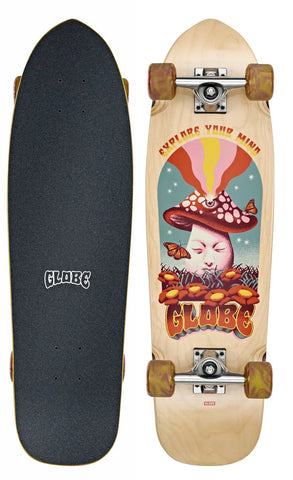 Globe skateboard deck with mushroom and hot air balloon design on a wood grain background