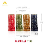 Four Hawaiian Tiki mugs in red, green, brown, and blue with measurements on a white background.