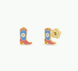 Cowboy boot earrings on a white background