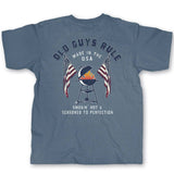 Blue t-shirt with graphic design of a grill with American flags and the graphic OLD GUYS RULE Made in the USA Smoking hot and seasoned to perfection