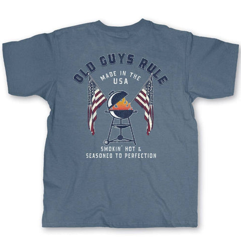 Blue t-shirt with graphic design of a grill with American flags and the graphic OLD GUYS RULE Made in the USA Smoking hot and seasoned to perfection