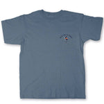 Blue t-shirt with a small logo on the front left chest