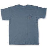 Blue t-shirt with a small logo on the front left chest