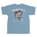 Light blue t-shirt with 'Old Guys Rule' graphic and text on a white background
