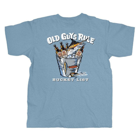 Light blue t-shirt with 'Old Guys Rule' graphic and text on a white background