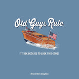 Boat graphic with 'Old Guys Rule' text on a blue background