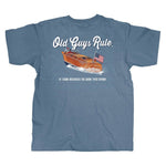Blue t-shirt with a graphic of a boat and text 'Old Guys Rule' on a white background