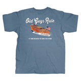 Blue t-shirt with a graphic of a boat and text 'Old Guys Rule' on a white background