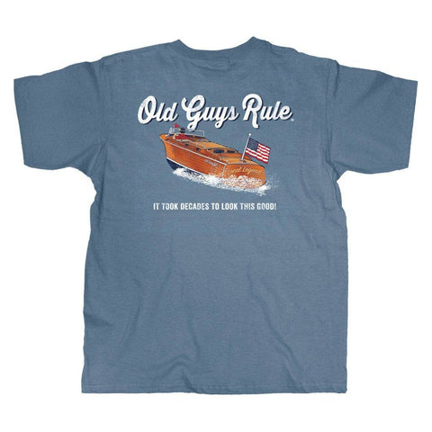 Blue t-shirt with a graphic of a boat and text 'Old Guys Rule' on a white background
