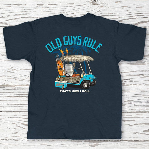 Navy blue t-shirt with a graphic of a golf cart and text 'Old Guys Rule: That's How I Roll' 
