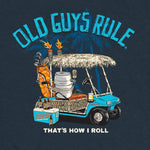 T-shirt design with a golf cart, cooler, and 'Old Guys Rule' text on a dark background
