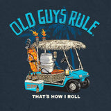 T-shirt design with a golf cart, cooler, and 'Old Guys Rule' text on a dark background