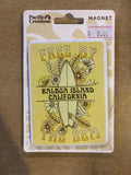 Yellow magnet with floral and surfboard design and text reading balboa island, california
