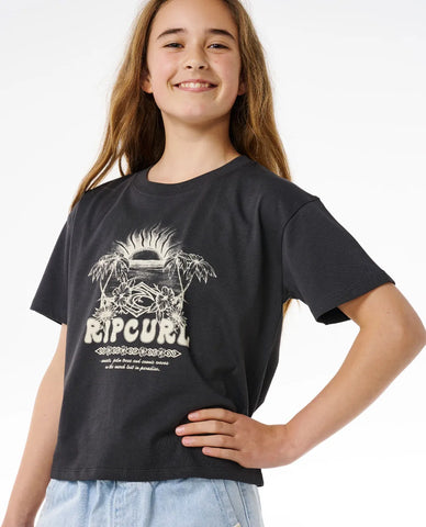 Rip Curl Big Girls Hibiscus Heat Crop Tee- Washed Black