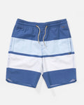 Dark Blue, light blue and white striped shorts with an elastic waist and a drawstring 
