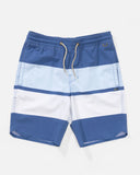 Dark Blue, light blue and white striped shorts with an elastic waist and a drawstring 