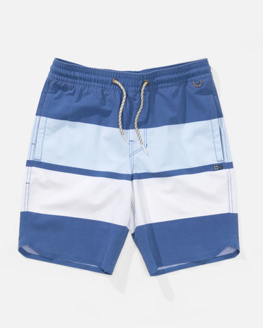 Dark Blue, light blue and white striped shorts with an elastic waist and a drawstring 