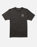 Black t-shirt with a logo on the chest against a white background