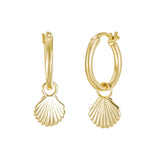 Gold hoop earrings with a shell charm