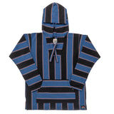 Blue and black striped poncho with a hood on a white background