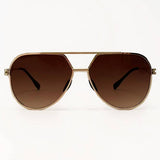 Aviator sunglasses with gold frame and brown lenses on a white background