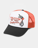 Volcom cap with red mesh back, white front panel, and black brim on a light gray background