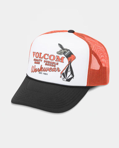 Volcom cap with red mesh back, white front panel, and black brim on a light gray background