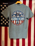 A blue t-shirt with a graphic design featuring the text 'Balboa Island' and 'Cold Beer & Chill Folks' displayed against the backdrop of an American flag.