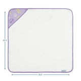 Baby bath mat with purple border and shell pattern, shown with dimensions on a white background.
