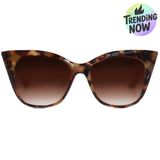 Tortoiseshell cat-eye sunglasses with gradient lenses on a white background, featuring 'Trending Now' label.