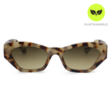 Sunglasses with tortoiseshell frame and gradient lenses on a white background, featuring a sustainable label.