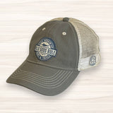Gray and beige cap with a logo on a white background