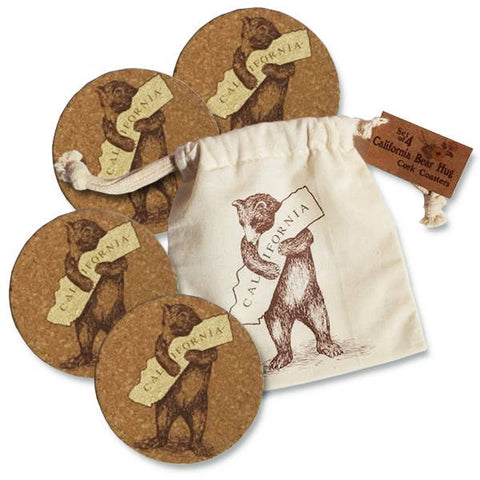 Set of 4 CA Bear Cork Coasters in Drawstring Pouch