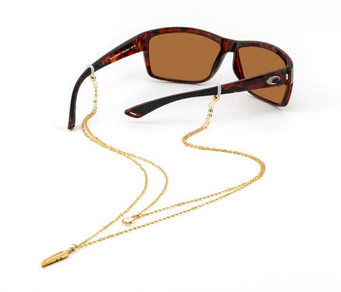 A gold-colored double layer fashion chain designed to hold sunglasses, with a feather and pendant.